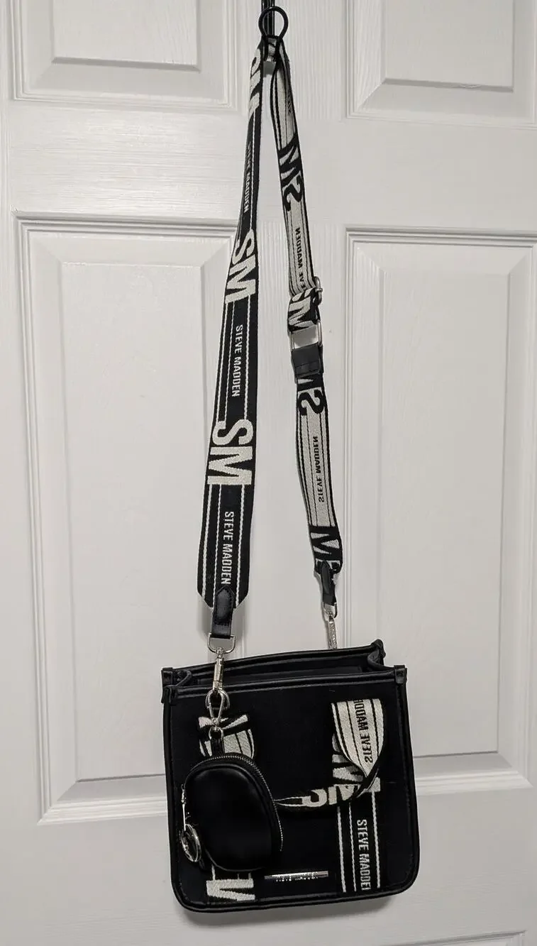 Steve Madden Bwebber Black Canvas Crossbody Satchel Bag Logo Strap Coin Pouch